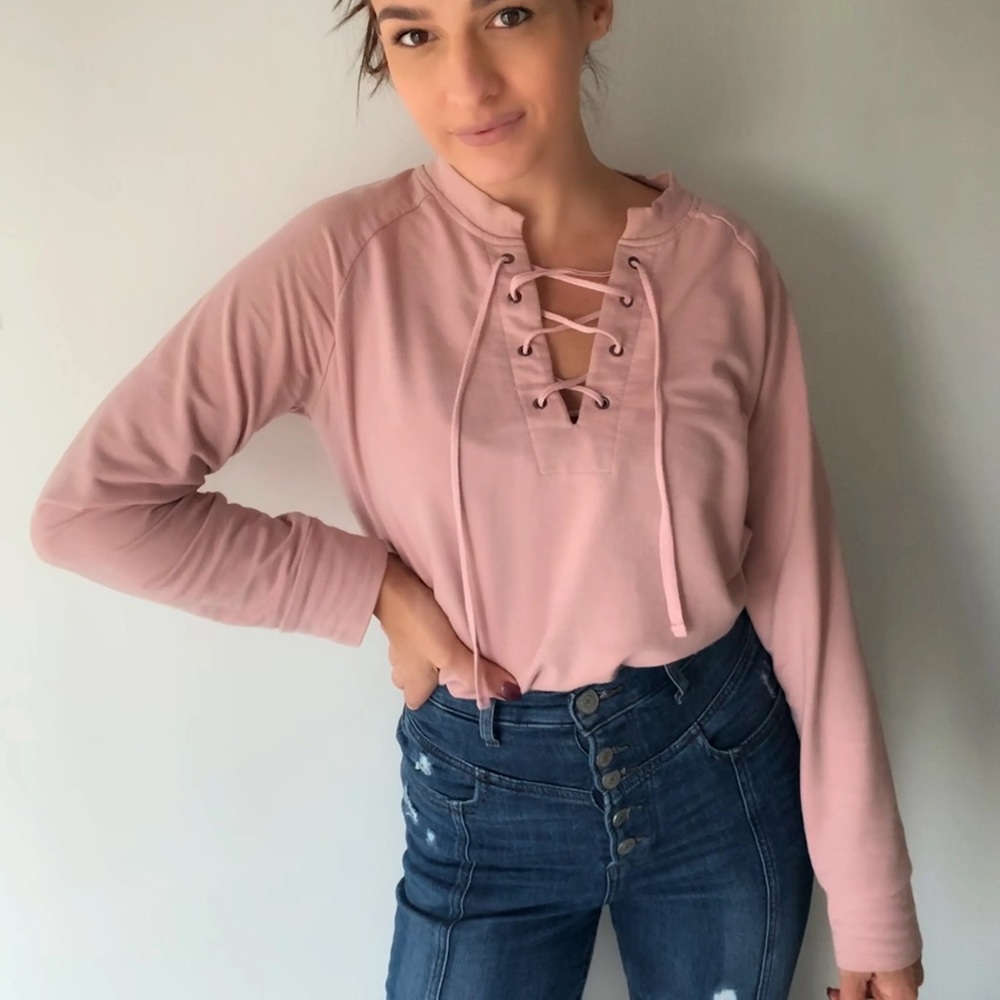 Lace up front detail terry cottonsweatshirt| Blush - Picture 1 of 10